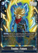 A Dragon Ball Super: Fusion World trading card featuring Trunks: Future (FB01-050) [Awakened Pulse]. Trunks, with blue eyes and flowing golden hair, is in a dynamic battle stance, surrounded by a fiery aura. The card boasts a power level of 20000 and a shield level of 5000. Text details the card's special abilities, including Awakened Pulse.