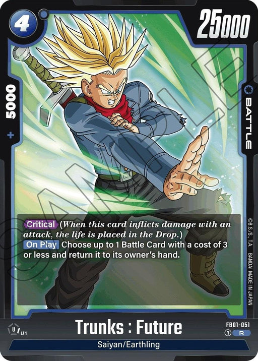 A Battle Card depicting Trunks from the Dragon Ball series. Trunks is in an attacking stance, extending his left hand forward with a fierce expression. The top right corner displays "25000" and the bottom right corner lists "FB01-051." The card name reads **_"Trunks: Future (FB01-051) [Awakened Pulse]"_** with the type **_"Saiyan/Earthling."_** This card is part of the brand **_Dragon Ball Super: Fusion World._**