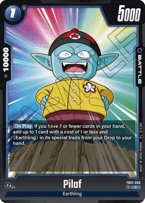 A trading card displaying "Pilaf [Awakened Pulse]" from the Dragon Ball Super: Fusion World series. Pilaf, dressed in a yellow and red outfit, is a short, blue-skinned character with pointy ears and red eyes. The card shows a power level of 5000 and features an Awakened Pulse skill tied to the number of cards in hand.