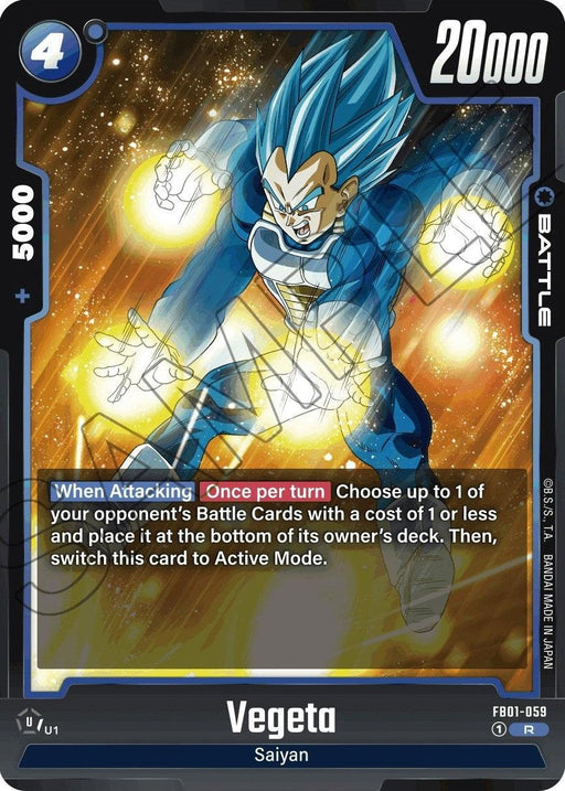 A trading card featuring 'Vegeta (FB01-059) [Awakened Pulse]' from the Dragon Ball Super: Fusion World series. Vegeta, under his Awakened Pulse transformation, is depicted in a dynamic action pose with blue hair and aura, set against a dark background. Battle Cards stats: 4 energy cost, 5000 power, and 20000 battle power. The card's special ability text is prominently displayed at the center.