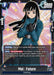 A **Dragon Ball Super: Fusion World** trading card features an animated female character named Mai : Future (FB01-062) [Awakened Pulse]. She has long black hair with bangs and is wearing a blue coat with gloves. The Super Rare card boasts 5000 attack power and 5000 defense power with the code FB01-062 SR. The effects of Awakened Pulse are listed in text boxes.