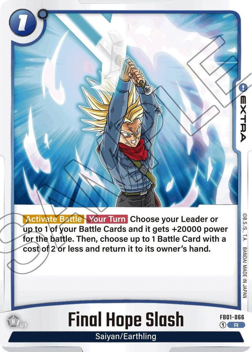 A trading card titled "Final Hope Slash [Awakened Pulse]" features a Saiyan/Earthling character with yellow spiky hair, wielding a glowing sword with a white aura. This Extra Card from Dragon Ball Super: Fusion World details activation cost, card type, and special effects that enhance battle power and target a Battle Card for return.