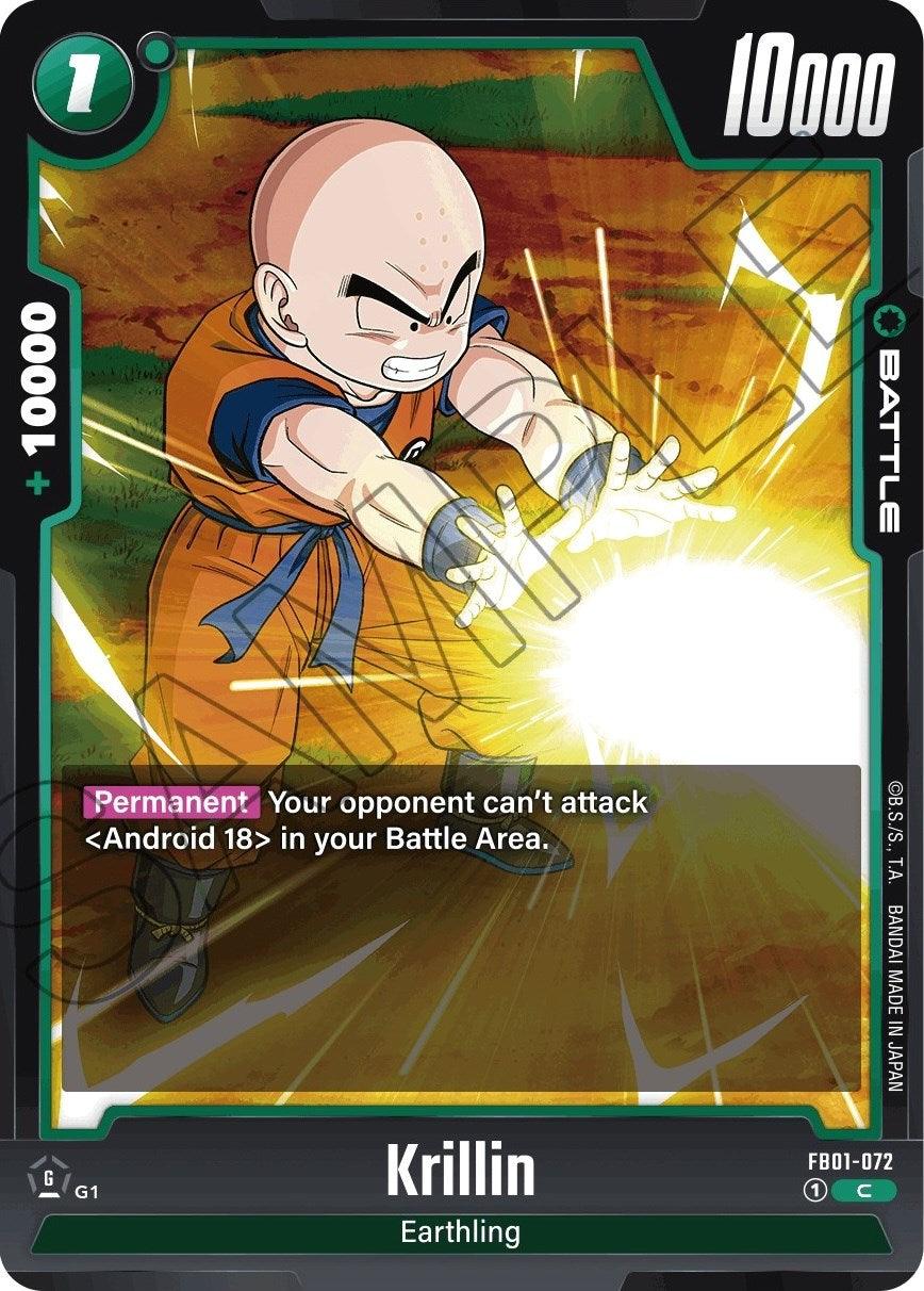 The image displays a Battle Card featuring Krillin from Dragon Ball Super: Fusion World, depicted charging an energy blast with Awakened Pulse. The card has a green border, reads 