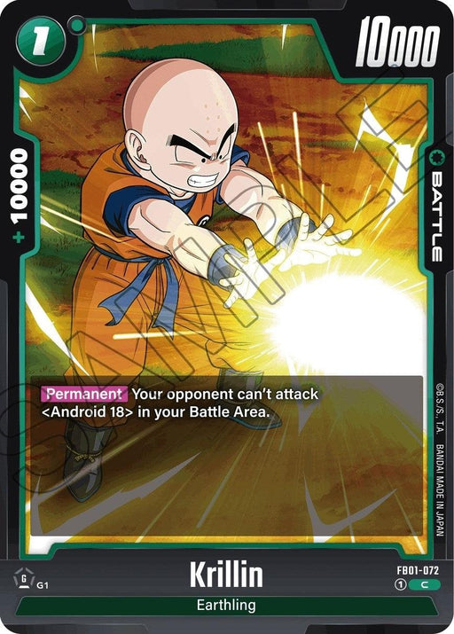 The image displays a Battle Card featuring Krillin from Dragon Ball Super: Fusion World, depicted charging an energy blast with Awakened Pulse. The card has a green border, reads "10,000" at the top right, "+10,000" on the left, and details in a black box at the bottom. It states “Krillin (FB01-072) [Awakened Pulse],” along with additional game text.