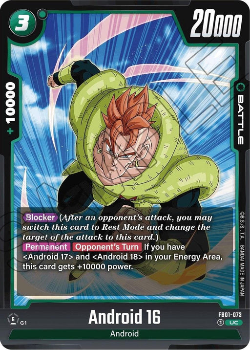 A Battle Card featuring Android 16 (FB01-073) [Awakened Pulse] with green armor, red hair, and an intense expression. The card details his attack power of 20,000, with "+10,000" at the top left. It boasts special abilities like a Blocker skill and a power boost when Android 17 and 18 are in the energy area from his Awakened Pulse. This fantastic card is part of the Dragon Ball Super: Fusion World series.