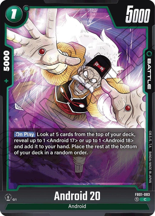 The image depicts a Battle Card for "Android 20 (FB01-083) [Awakened Pulse]" from Dragon Ball Super: Fusion World. The card features an illustration of Android 20, a white-haired character with mechanical parts, reaching out with electricity surrounding his hands in an Awakened Pulse. The card details include a power level of 5000 and specific gameplay instructions.