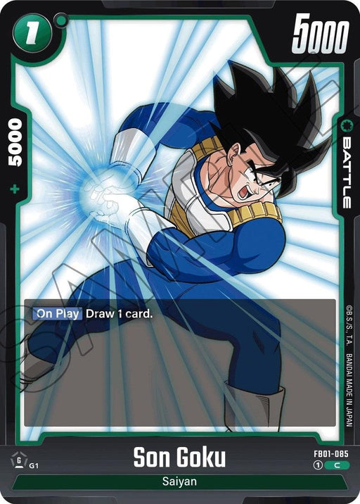 A trading card depicting Son Goku in a battle stance, wearing blue and white Saiyan armor. With black, spiky hair, he charges a powerful blue energy attack with both hands. The Battle Card has a green border and features stats: cost 1, power 5000. Text reads "On Play Draw 1 card." This is the Son Goku (FB01-085) [Awakened Pulse] edition from Dragon Ball Super: Fusion World.