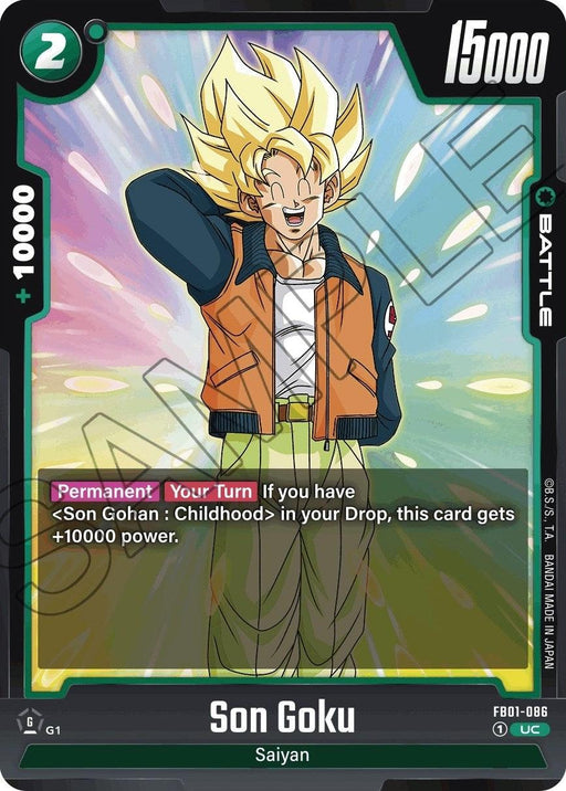 A battle card featuring Son Goku with golden hair, wearing an orange and blue outfit with a white undershirt. The Son Goku (FB01-086) [Awakened Pulse] card from Dragon Ball Super: Fusion World showcases game details, including a power of 15000 and a cost of 2. The background has a colorful, radiant design.