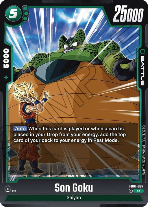 Trading card featuring Son Goku with spiky blond hair in a fighting stance, facing a large green creature with spots and wings. Goku, surrounded by an energy aura, stands ready for action. The Battle Card is labeled "Son Goku (FB01-087) [Awakened Pulse]" and lists stats: 25,000 power, 5 energy. It includes a special auto skill description called "Awakened Pulse." This card is part of the Dragon Ball Super: Fusion World series.