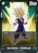 A trading card featuring Son Gohan as a child from Dragon Ball, depicted with spiky hair, a determined expression, and wearing purple attire. This Son Gohan : Childhood (FB01-090) [Awakened Pulse] from Dragon Ball Super: Fusion World has a power level of 35,000, costs 6 energy to play, and boasts the special ability "Awakened Pulse: On Play - Add the top card of your deck to your life.
