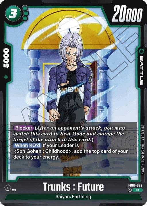 A Dragon Ball Super: Fusion World Battle Card titled "Trunks : Future (FB01-092) [Awakened Pulse]." The card features an image of Trunks with lavender hair and a sword on his back, standing confidently. It boasts a power of 20,000, cost of 3, combo power of 5,000, and various abilities listed. It’s categorized as Saiyan/Earthling with Awakened Pulse.
