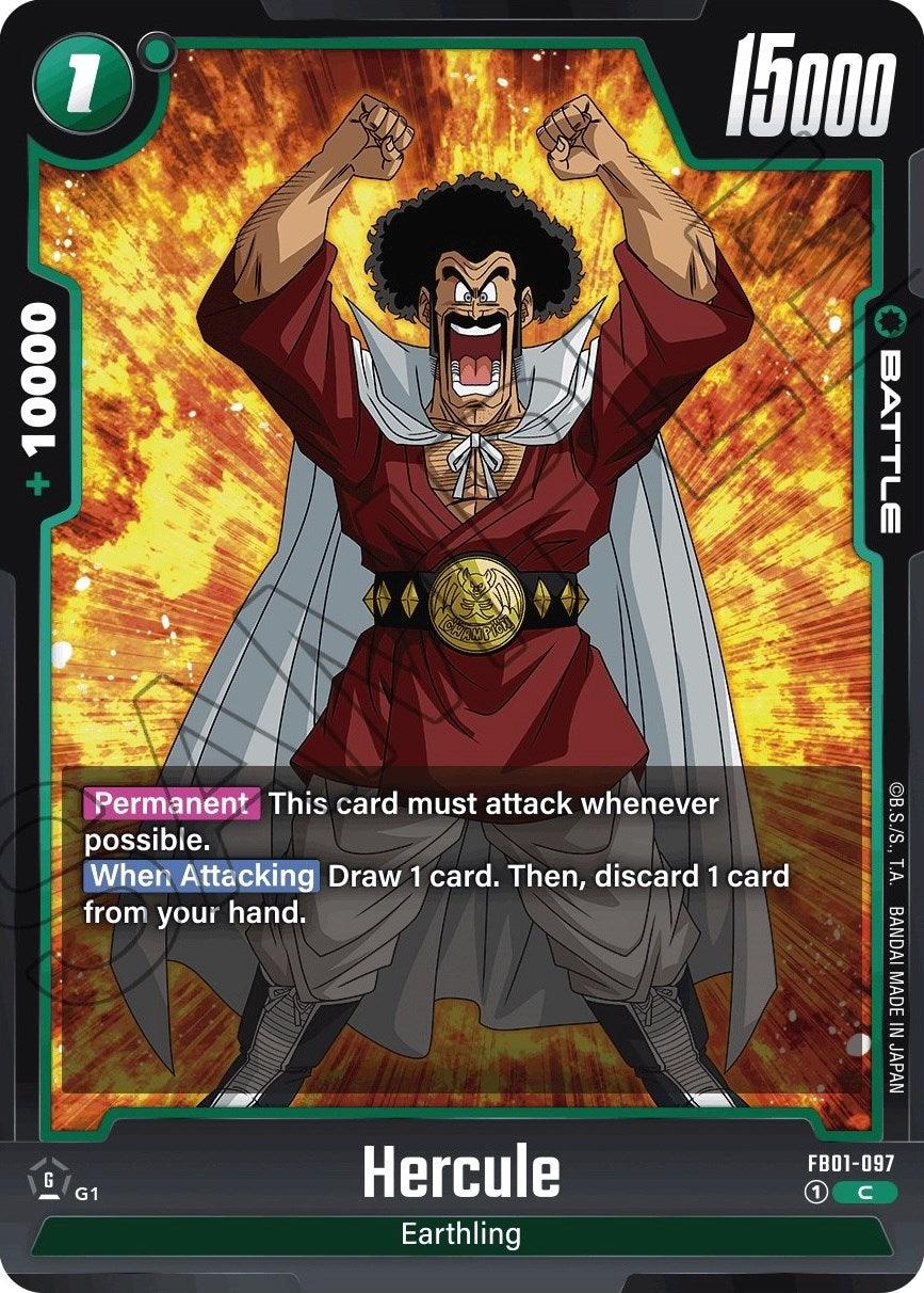 A Battle Card featuring Hercule from the Dragon Ball series. Hercule is depicted with an intense expression, fists raised in triumph. The card's attributes include 15000 power, +10000, rarity G1, ID F801-097. Text on the card explains abilities activated when attacking and states 