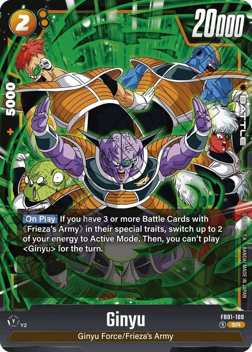 A Dragon Ball Super: Fusion World trading card depicting Ginyu (FB01-109) [Awakened Pulse], a member of the Ginyu Force in Frieza's Army. The card shows Ginyu at the center with other force members around him. With a battle power of 20000 and a cost of 2, its special abilities are detailed in text boxes at the bottom. The background features an Awakened Pulse green.