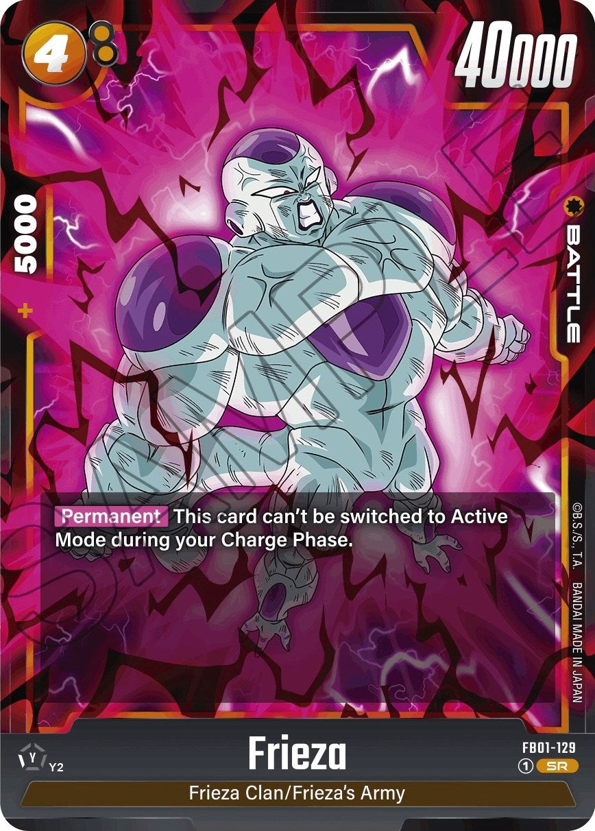 The Frieza (FB01-129) [Awakened Pulse] card from Dragon Ball Super: Fusion World features Frieza in his final form with a white and purple armored body. It boasts power stats of 