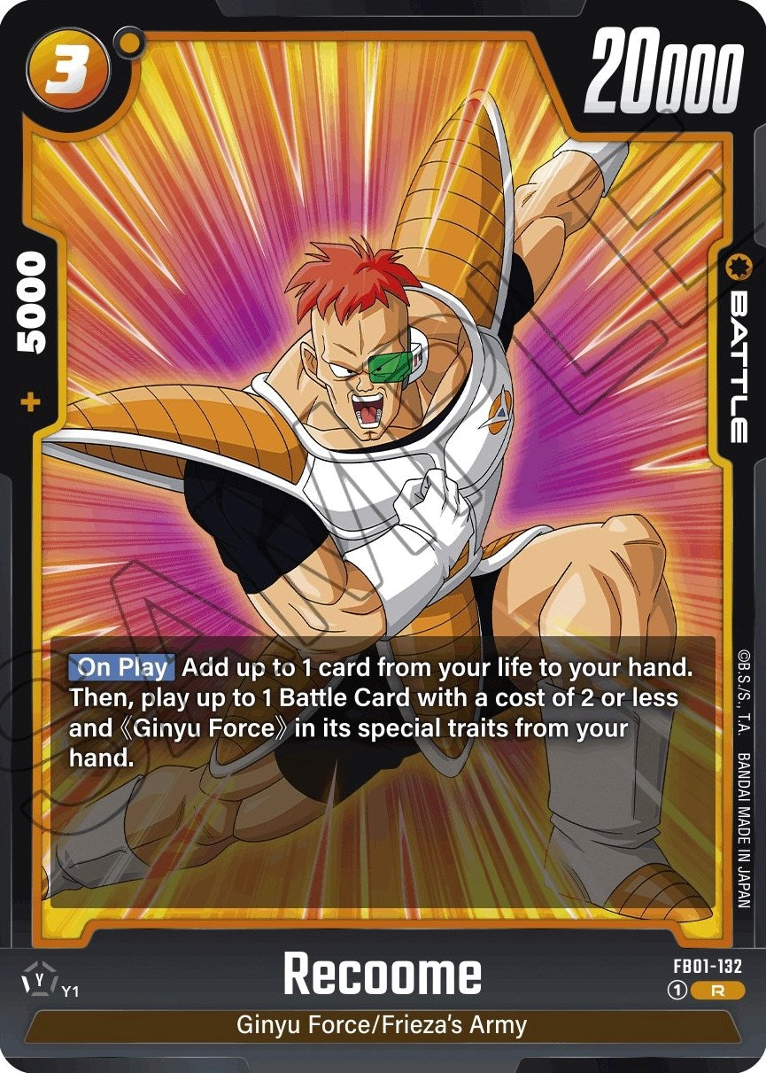 An image from the Dragon Ball Super: Fusion World trading card game showcases the Recoome [Awakened Pulse] card. This card features Recoome in an action stance against an explosive backdrop and highlights his 