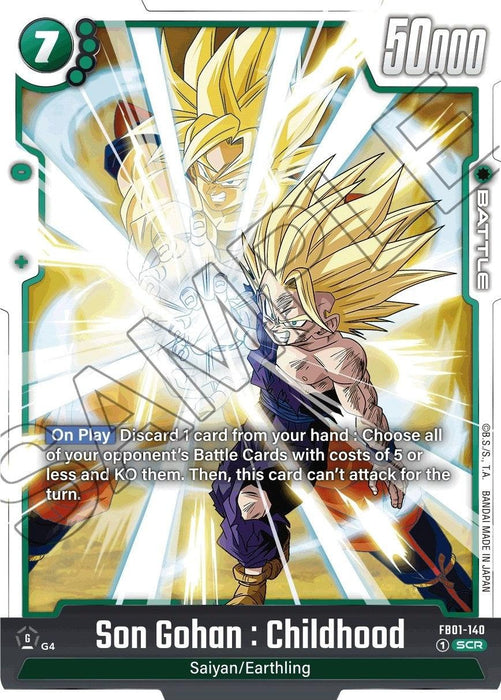 A Secret Rare card for the game Dragon Ball Super: Fusion World features Son Gohan in his childhood. He is in a fighting stance, with spiky yellow hair and a glowing aura, wearing purple attire. The card has a cost of 7, power of 50,000, and conditions for play and attack. It is titled "Son Gohan : Childhood (FB01-140) [Awakened Pulse].