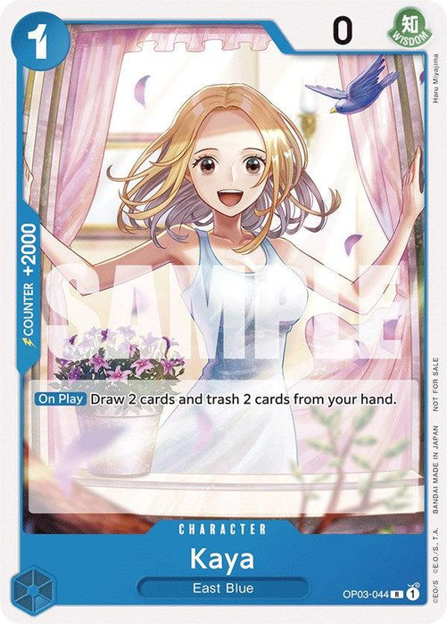 A rare card from the Bandai One Piece Promotion Cards features a character named Kaya (Tournament Pack Vol. 6) [One Piece Promotion Cards] from East Blue. She has blonde hair and is smiling while reaching out to a bird by an open window with pink curtains. The card has a counter value of 2000 and a cost of 1, with an ability to draw 2 cards and trash 2 cards.