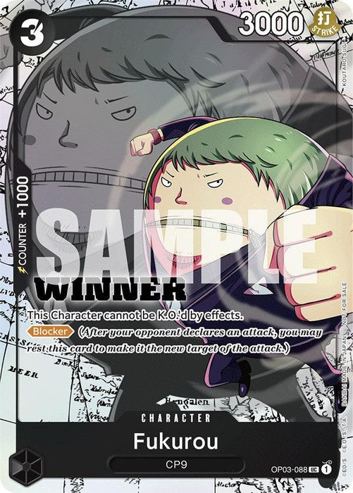 A trading card featuring Fukurou (Winner Pack Vol. 6) [One Piece Promotion Cards] by Bandai, an uncommon character card from the One Piece Promotion Cards, with green hair, a zipper across the lips, and 3000 power. The background illustrates Fukurou yelling. The card details abilities like blocking and immunity to K.O. by effects. "WINNER" is prominently displayed.