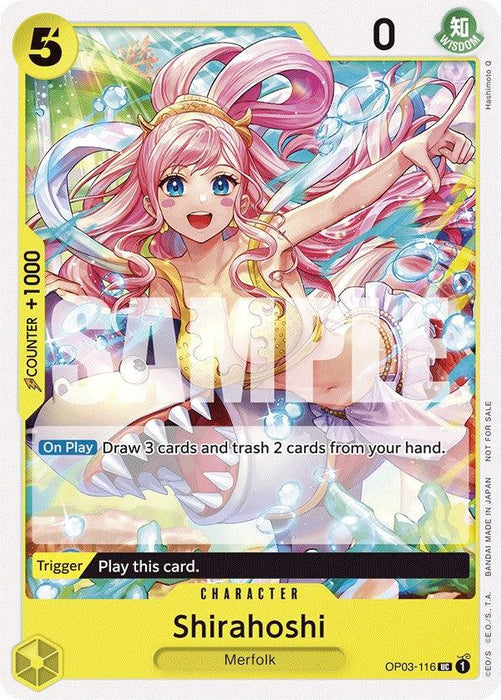 A trading card featuring Shirahoshi, a cheerful merfolk with pink hair adorned with seashells. She is underwater, surrounded by vibrant, colorful bubbles. The Character Card has a yellow border, her name at the bottom, and her abilities and stats listed. Collect this exclusive Bandai Shirahoshi (Tournament Pack Vol. 6) [One Piece Promotion Cards]: OP03-116!