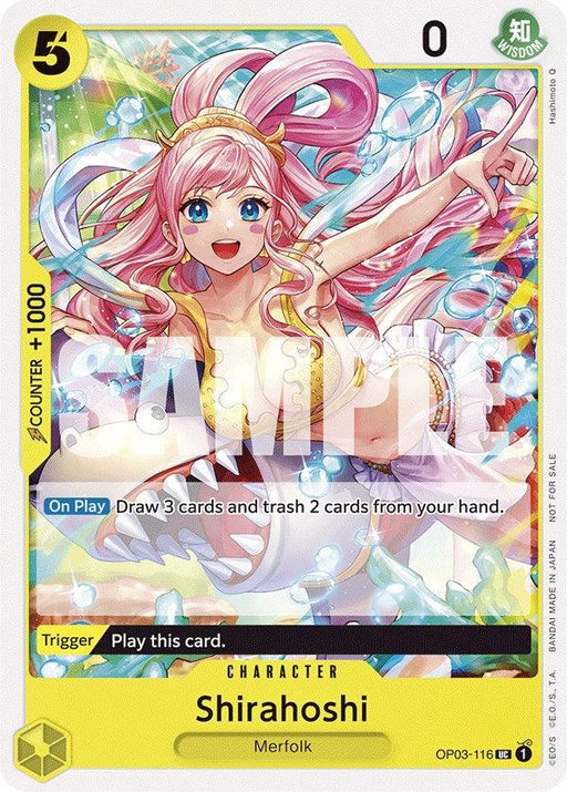 A trading card featuring Shirahoshi, a cheerful merfolk with pink hair adorned with seashells. She is underwater, surrounded by vibrant, colorful bubbles. The Character Card has a yellow border, her name at the bottom, and her abilities and stats listed. Collect this exclusive Bandai Shirahoshi (Tournament Pack Vol. 6) [One Piece Promotion Cards]: OP03-116!