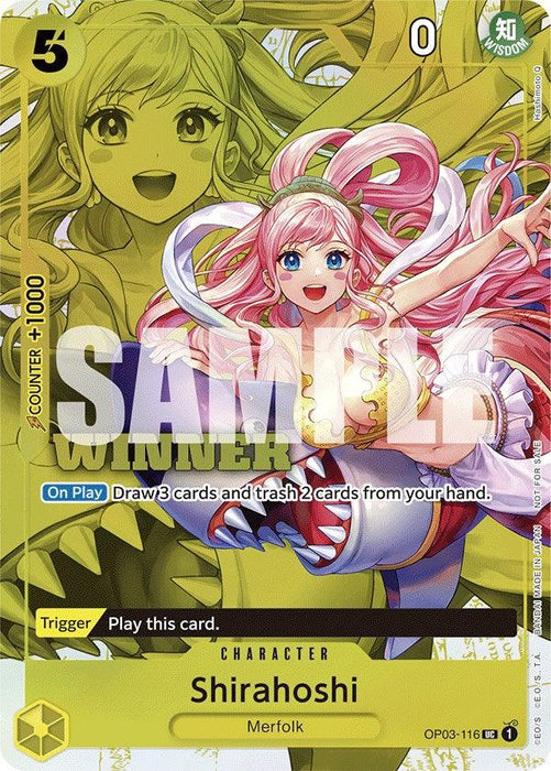 An uncommon rarity trading card titled "Shirahoshi (Winner Pack Vol. 6) [One Piece Promotion Cards]" by Bandai featuring an anime-style mermaid character with long pink hair and a yellow starfish as a hair accessory. She has a cheerful expression, and her outfit is composed of pink and yellow elements. The background highlights her with a larger faded image, typical of One Piece promotion cards. The card has game-related text and icons.