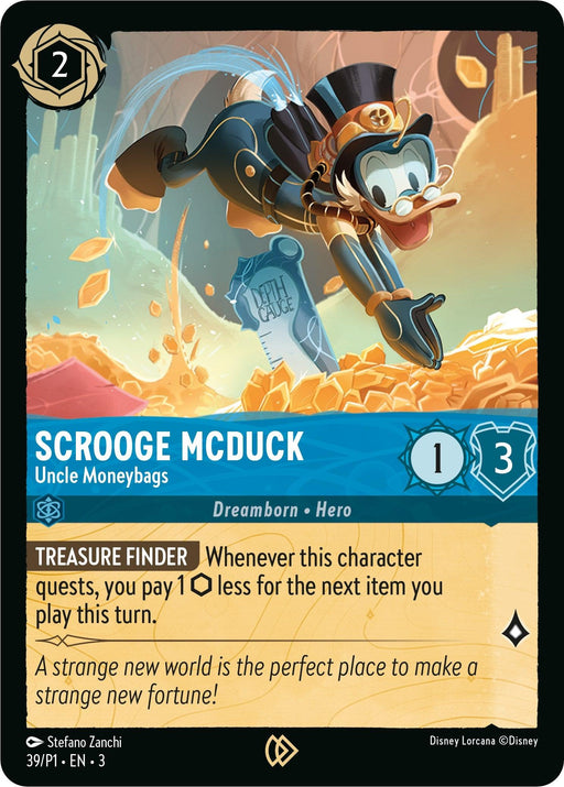 A Disney Lorcana card features Scrooge McDuck diving into a pile of gold and treasures. Text on the card reads: "SCROOGE MCDUCK, Uncle Moneybags. TREASURE FINDER: Whenever this character quests, you pay 1 less for the next item you play this turn." This promo card has a cost of 2 ink, 1 attack, and
