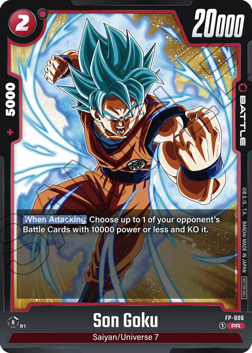 A Son Goku (FP-006) [Fusion World Promotion Cards] from Dragon Ball Super: Fusion World, this trading card features Son Goku from Universe 7. He is depicted with blue hair, clenched fists, and a determined expression. The card has a power level of 20,000 and states, "When Attacking: Choose up to 1 of your opponent's Battle Cards with 10000 power or less and KO it.