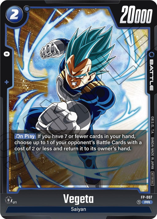 A Vegeta (FP-007) [Fusion World Promotion Cards] from Dragon Ball Super: Fusion World featuring Vegeta in a dynamic action pose with blue hair and aura, punching forward. The card's bottom reads "Vegeta" and "Saiyan," while the top right displays "20,000." Text box: "On Play" ability allows returning an opponent's card with a cost of 2 or less if hand has 7 or fewer cards.