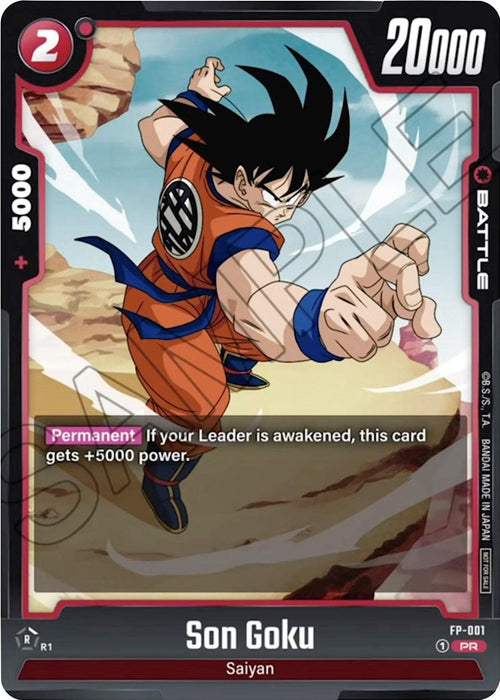 A collectible card for the character Son Goku (FP-001) [Fusion World Promotion Cards] from the Dragon Ball Super: Fusion World series. The Battle card displays Goku in an orange martial arts outfit, extending a clenched fist. Text below reads, "Permanent: If your Leader is awakened, this card gets +5000 power." The card has a power level of 20000.