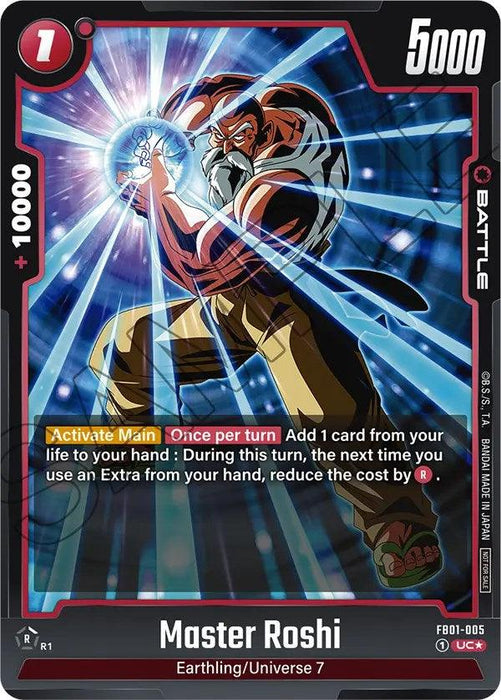 This trading card showcases Master Roshi (Tournament Pack 01) [Fusion World Tournament Cards] from the Dragon Ball Super: Fusion World series, part of the Fusion World Tournament Cards collection. With a striking black, red, and blue color scheme, Master Roshi is depicted in an action pose. Stats are at the top-right, with a description box in the center. Master Roshi and attributes "Earthling/Universe 7" appear at the bottom.