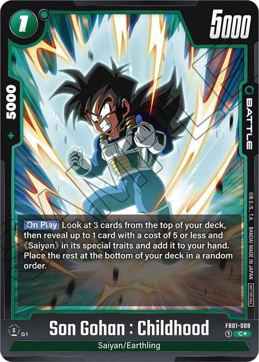 A trading card from the Dragon Ball Super: Fusion World series features "Son Gohan : Childhood (FB01-088) (Tournament Pack 01) [Fusion World Tournament Cards]," a Saiyan character in an energetic action pose with glowing aura and clenched fists. The card boasts 5000 power, 1 energy cost, and the ability to search your deck for valuable cards upon play.