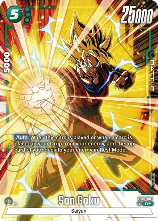 A rare trading card featuring Son Goku in an action pose, mid-attack, with a glowing energy orb in his hand. The card displays numbers 5 and 25000 at the top, with text at the bottom including "Saiyan" and "Son Goku". Bright, dynamic background with yellow and red energy bursts enhances this coveted Son Goku (FB01-087) (Tournament Pack -Winner- 01) [Fusion World Tournament Cards] from Dragon Ball Super: Fusion World.