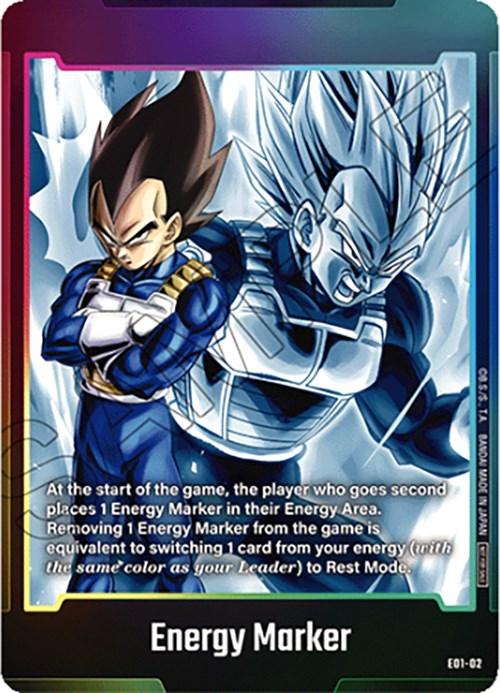 Image featuring a card titled "Energy Marker (E01-02)" from Dragon Ball Super: Fusion World. It displays two versions of Vegeta: one with black hair in a fighting stance, and another in Super Saiyan form crossing his arms. Text explains the card's gameplay mechanics within the Energy Area. The card is bordered by a rainbow gradient.