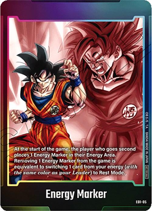 The Energy Marker (E01-05) [Fusion World Energy Markers] from Dragon Ball Super: Fusion World is a vibrantly colored trading card depicting two characters, one in a calm ready stance and the other enraged. The card features text explaining gameplay mechanics involving Energy Markers in the Energy Area, with the card number 