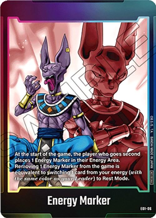 An "Energy Marker (E01-06)" card from the Dragon Ball Super: Fusion World game, featuring a humanoid character with feline features. Dressed in distinct blue and gold attire, the character stands against a gradient background. Text at the bottom explains Fusion World Energy Markers and the rules for using them.