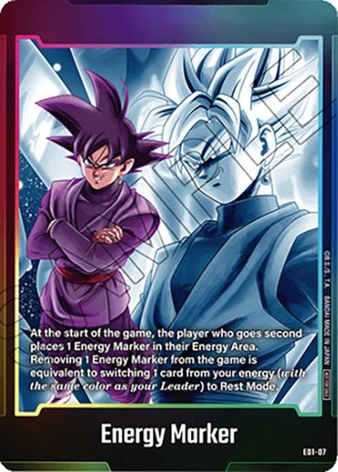 The "Energy Marker" card (E01-07) from the Dragon Ball Super: Fusion World series features a spiky black-haired character in purple clothing in the foreground and a holographic, blue-toned version of the same character with white hair in the background. The card text details its in-game effect related to Fusion World Energy Markers.