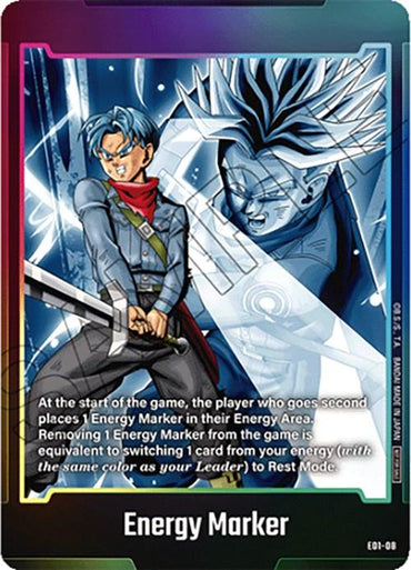 This Energy Marker (E01-08) trading card from Dragon Ball Super: Fusion World features an anime-style character with blue hair and a sword, dressed in a blue jacket and red scarf, set against a starry backdrop. A larger, ghost-like figure of the same character appears in the background. The card also includes instructional text below.