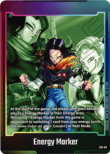 The Energy Marker (E01-09) card from Dragon Ball Super: Fusion World features three animated characters. In the foreground, one character with shoulder-length black hair and an 'RR' logo on their shirt stands out. The card includes text about game mechanics involving Energy Markers and the Fusion World Energy Area. The background of the card is adorned with vibrant colors.