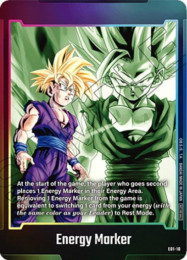 A trading card titled "Energy Marker (E01-10)" from Dragon Ball Super: Fusion World showcases two characters: a blonde, spiky-haired individual in a purple outfit on the left, and a tall, green-skinned figure with spiky hair on the right. The text describes how to place and remove Fusion World Energy Markers during gameplay.