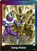 The image is a card from a game featuring a muscular, purple-armored character in a fighting stance against a background of a large, menacing figure with a golden hue. Text at the bottom reads "Energy Marker (E01-12) [Fusion World Energy Markers]" with game rules explaining the effects of Dragon Ball Super: Fusion World Energy Markers in the Energy Area.