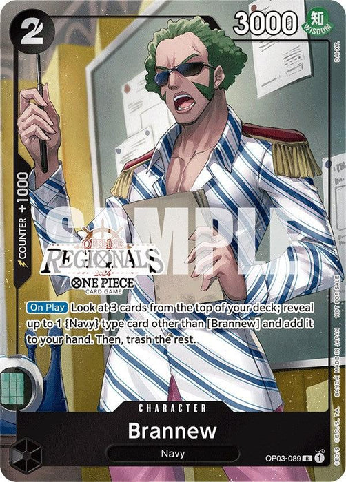 Description: **Brannew (Offline Regional 2024) [Participant] [One Piece Promotion Cards]** by **Bandai** is a character with a power of 3000, a counter of +1000, and a cost of 2. This rare character card depicts Brannew wearing glasses, a striped coat, and a green shirt while holding papers. His special ability reveals the top 3 cards to find a Navy-type card.