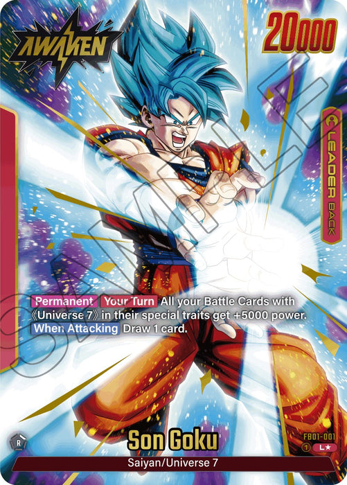 A trading card featuring Son Goku (FB01-001) (Alternate Art) [Awakened Pulse] by Dragon Ball Super: Fusion World in his Super Saiyan Blue form with spiky blue hair and a fierce expression. He is surrounded by blue energy. Text on the card includes "Awakened Pulse," "20,000," and details about his abilities. The background is vibrant with red and yellow accents, representing Universe 7.