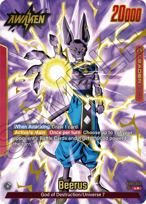 A Beerus (FB01-002) (Alternate Art) [Awakened Pulse] card from Dragon Ball Super: Fusion World. He is standing with one hand raised, emitting a powerful aura. The card has 20000 power, and text detailing attack abilities. "Awakened Pulse" and "Beerus, God of Destruction/Universe 7" are prominently displayed. The design is vibrant with electric effects.