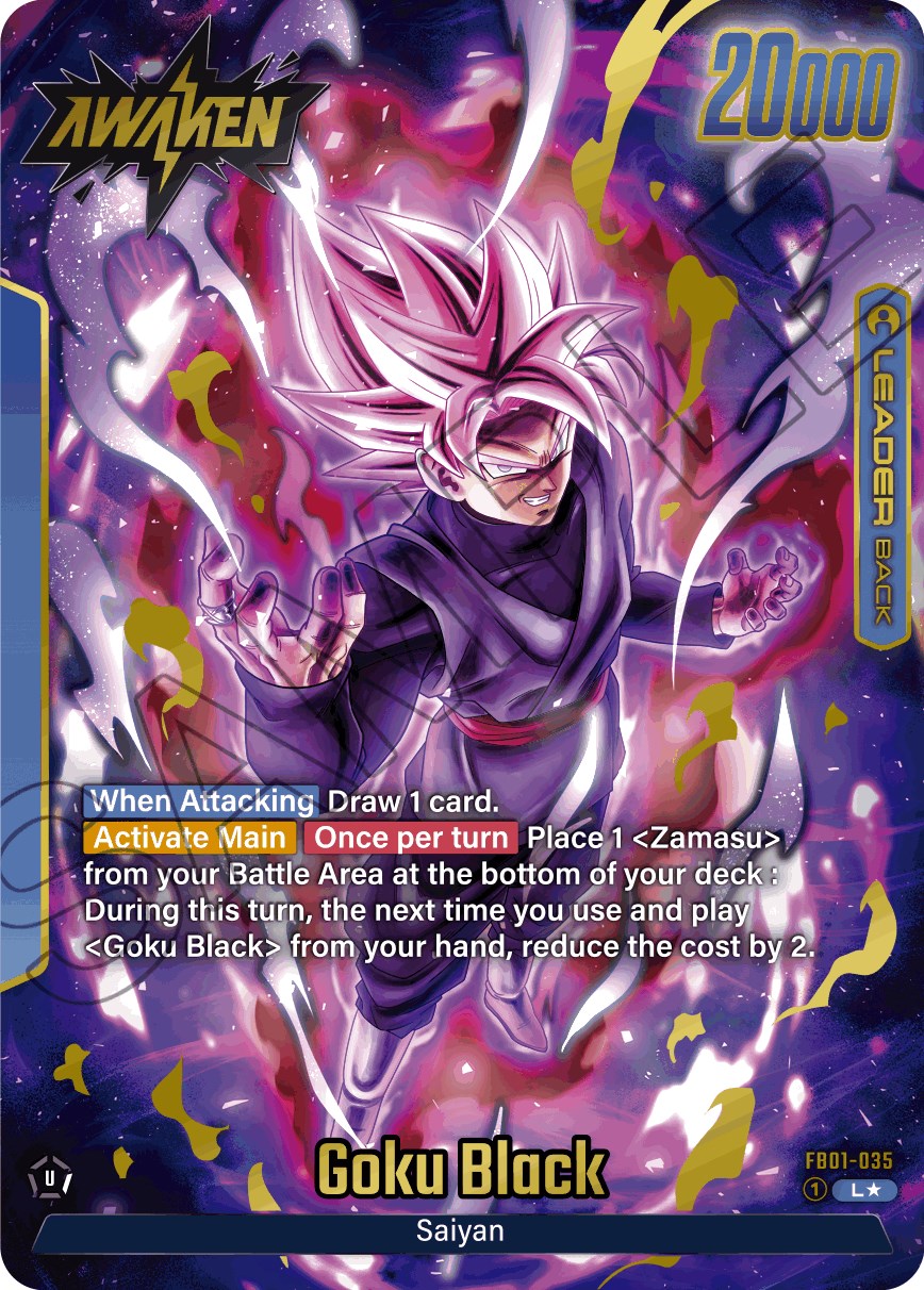 A trading card featuring Goku Black (FB01-035) (Alternate Art) [Awakened Pulse] from the Dragon Ball Super: Fusion World series. It shows Goku Black with pink hair, surrounded by an aura of energy. The card has various game details, including 