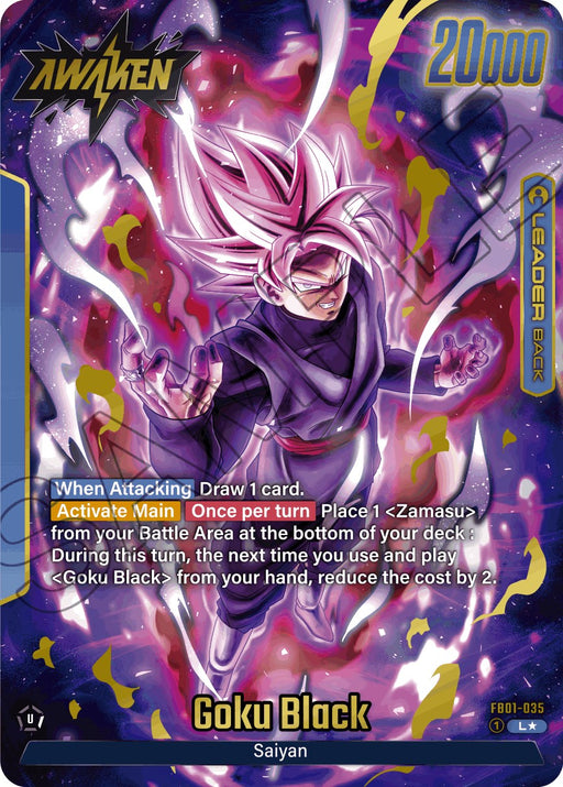 A trading card featuring Goku Black (FB01-035) (Alternate Art) [Awakened Pulse] from the Dragon Ball Super: Fusion World series. It shows Goku Black with pink hair, surrounded by an aura of energy. The card has various game details, including "Awaken," "Goku Black," "Saiyan," and instructions for card play. The vibrant background pulses with pink and purple hues, emphasizing its Leader Rarity.