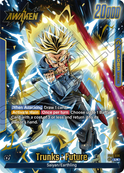 A Dragon Ball Super: Fusion World trading card featuring Trunks: Future (FB01-036) (Alternate Art) [Awakened Pulse]. The card, titled "AWAKEN" with a Leader Rarity, showcases Trunks in a powerful stance with a glowing sword. With 20,000 power and abilities descriptions, it bursts with vibrant energy effects and embodies the Awakened Pulse of his strength.