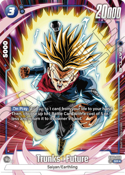 A Super Rare trading card depicting Trunks : Future (FB01-050) (Alternate Art) [Awakened Pulse] from the Dragon Ball Super: Fusion World series. Trunks, with blonde hair and a red scarf, is flying forward surrounded by an aura. The card's red and violet border highlights stats of 8 energy, 20,000 power, and +5000 combo. Awakened Pulse abilities and text are included.