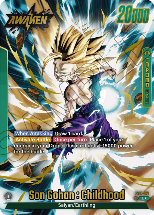 A dynamic trading card featuring "Son Gohan : Childhood (FB01-071) (Alternate Art) [Awakened Pulse]" from Dragon Ball Super: Fusion World. The Leader card shows Gohan with spiky blond hair, wearing a purple outfit, surrounded by electric blue energy. Text sections include attack and battle abilities, with "Awakened Pulse" and "20,000" at the top, and descriptive text at the bottom.