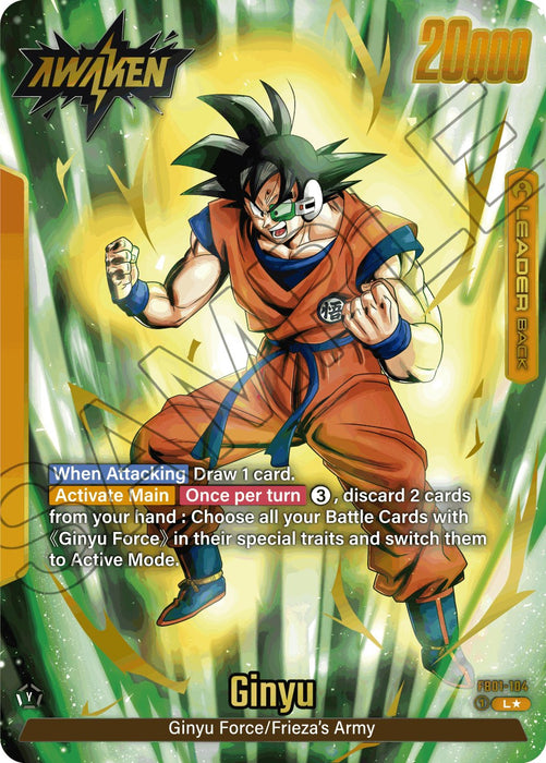 The image is of a Dragon Ball Super: Fusion World card, featuring Ginyu (FB01-104) (Alternate Art) [Awakened Pulse] in an awakened state. He is depicted in an action pose with glowing energy. The card includes text detailing his Awakened Pulse abilities and comes with a power level of 20,000. In the background, there are vibrant, swirling energy graphics.
