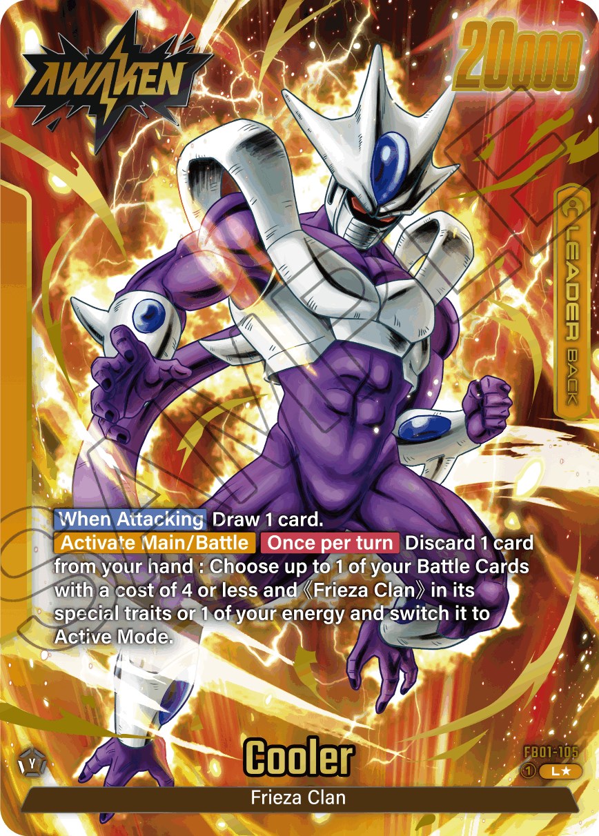 The Dragon Ball Super: Fusion World trading card, Cooler (FB01-105) (Alternate Art) [Awakened Pulse], features Cooler with white armor and purple skin in a dynamic pose against a holographic background. The text highlights 